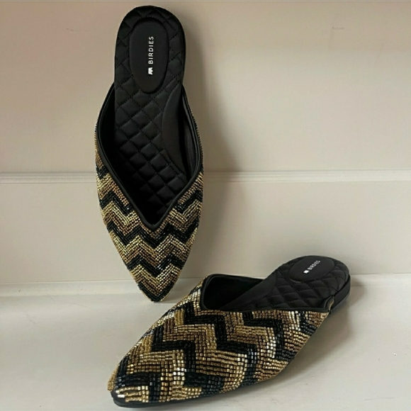 Birdies The Swan Beaded Art Deco Chevron Mule Flat in Black & Gold NEW Size 10.5 - Picture 5 of 9